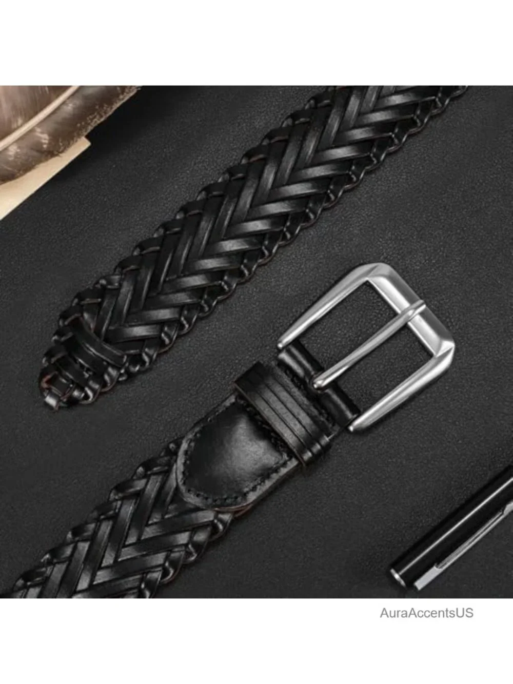 Adjustable Woven Braided Leather Belt for Men - Golf Casual Pants Jeans
